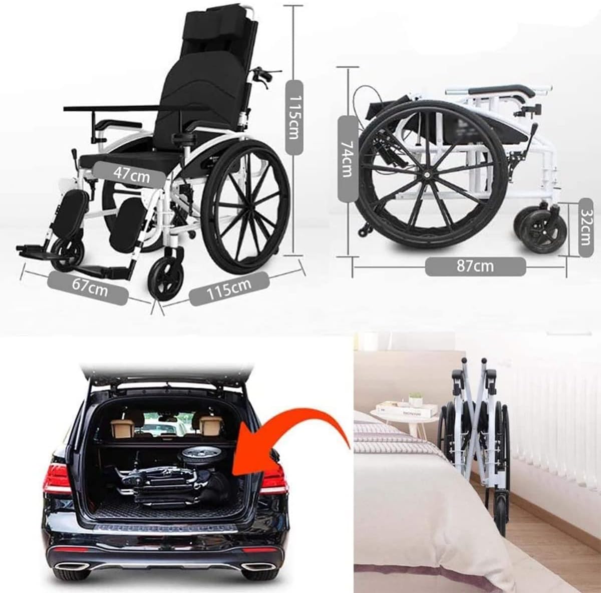 Lightweight Folding Transport Outdoor Comfortable Mobile Wheelchair Displacement Machine with 18' Wide Seat Foldable Transport Chair Folding Mobility Aid,Mobility Scooter with Toilet Bowl,