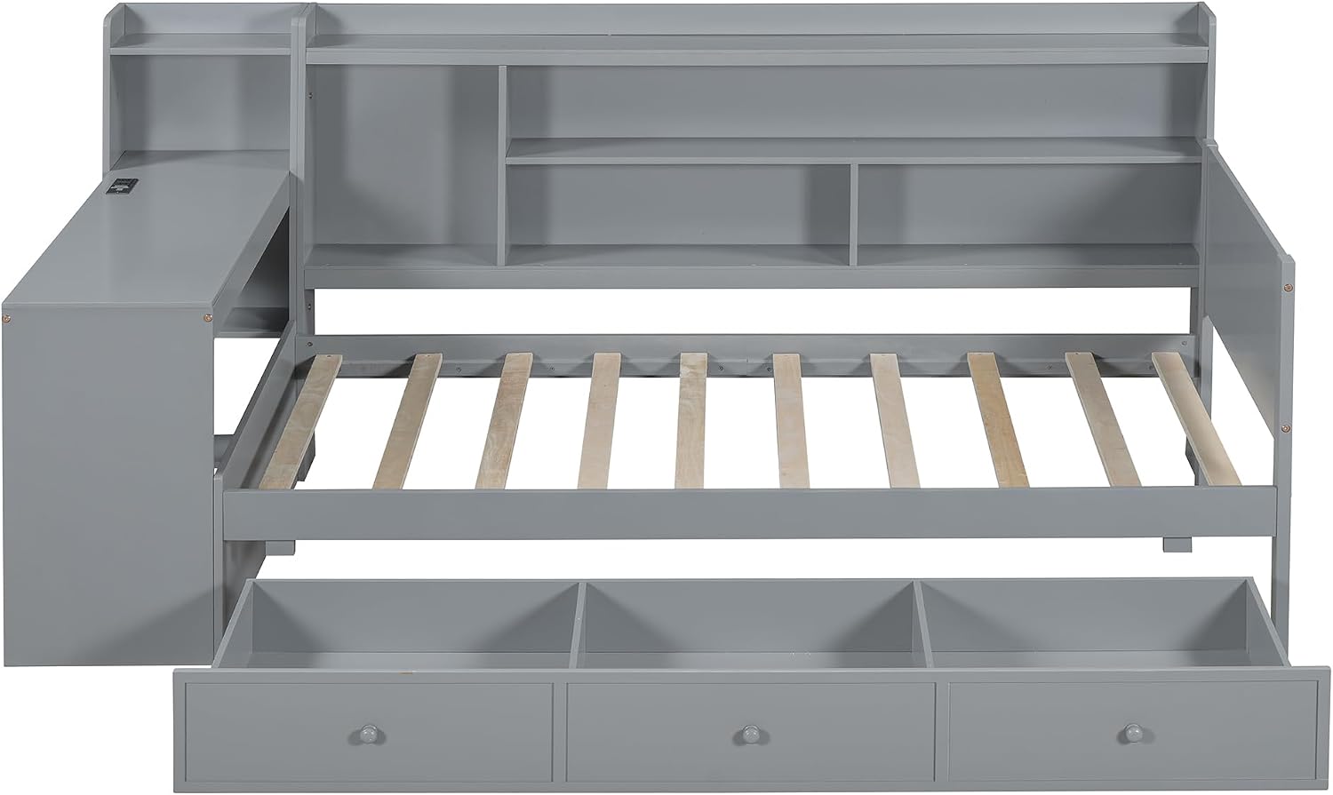 Twin Size Daybed Frame with Desk and 3 Storage Drawers & USB Port Shelves Headboard, Pinewood Corner Bed, Twin Captain Bed for Small Room, Bedroom, Guest Room,Gray
