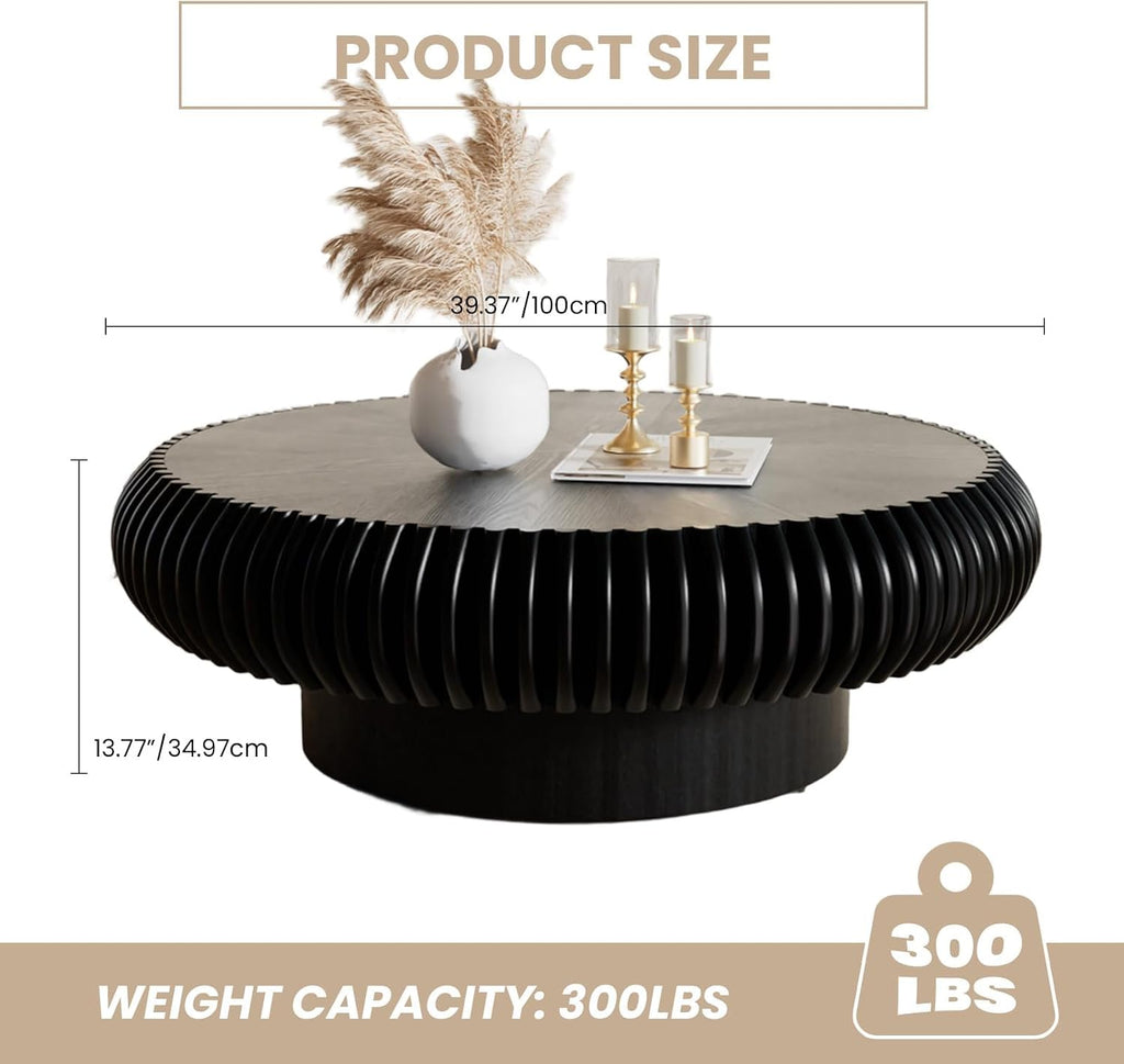 Fluted Drum Coffee Table Round Coffee Table for Living Room Mid Century Modern Coffee Tables with Sturdy Pedestal Circle Center Tea Table Accent Tea Table for Small Space Apartment (39.4inch Black)