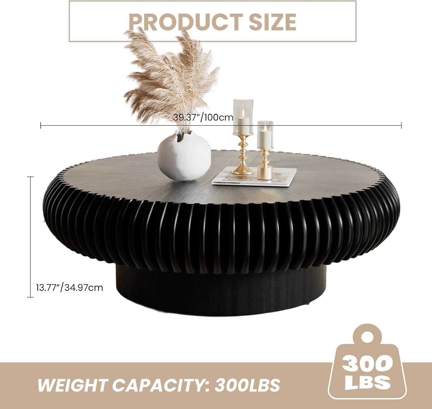Fluted Drum Coffee Table Round Coffee Table for Living Room Mid Century Modern Coffee Tables with Sturdy Pedestal Circle Center Tea Table Accent Tea Table for Small Space Apartment (39.4inch Black)