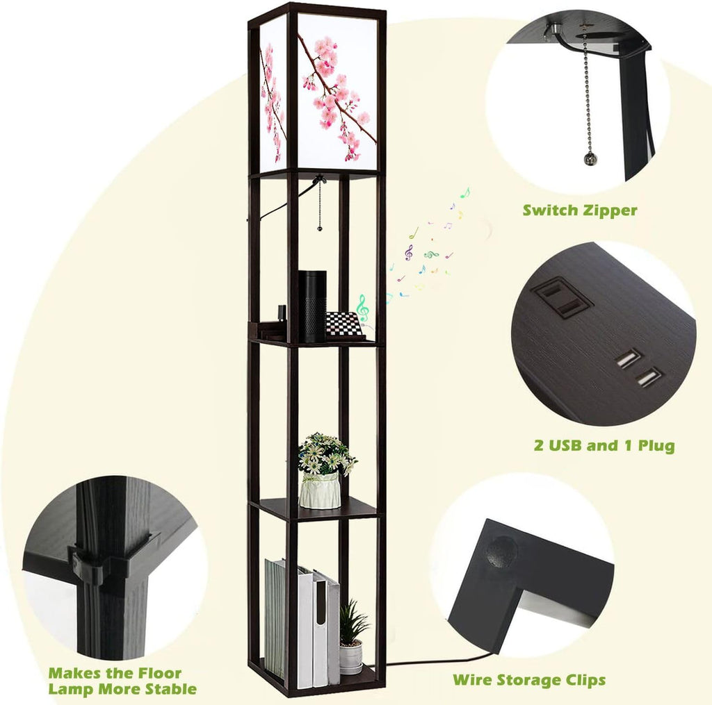 Floor Lamp with Shelves Pink Cherry Blossoms White Standing Tall Lamp USB Ports & Power Outlet Modern Corner Lamp Nightstand Light for Living Room Bedroom
