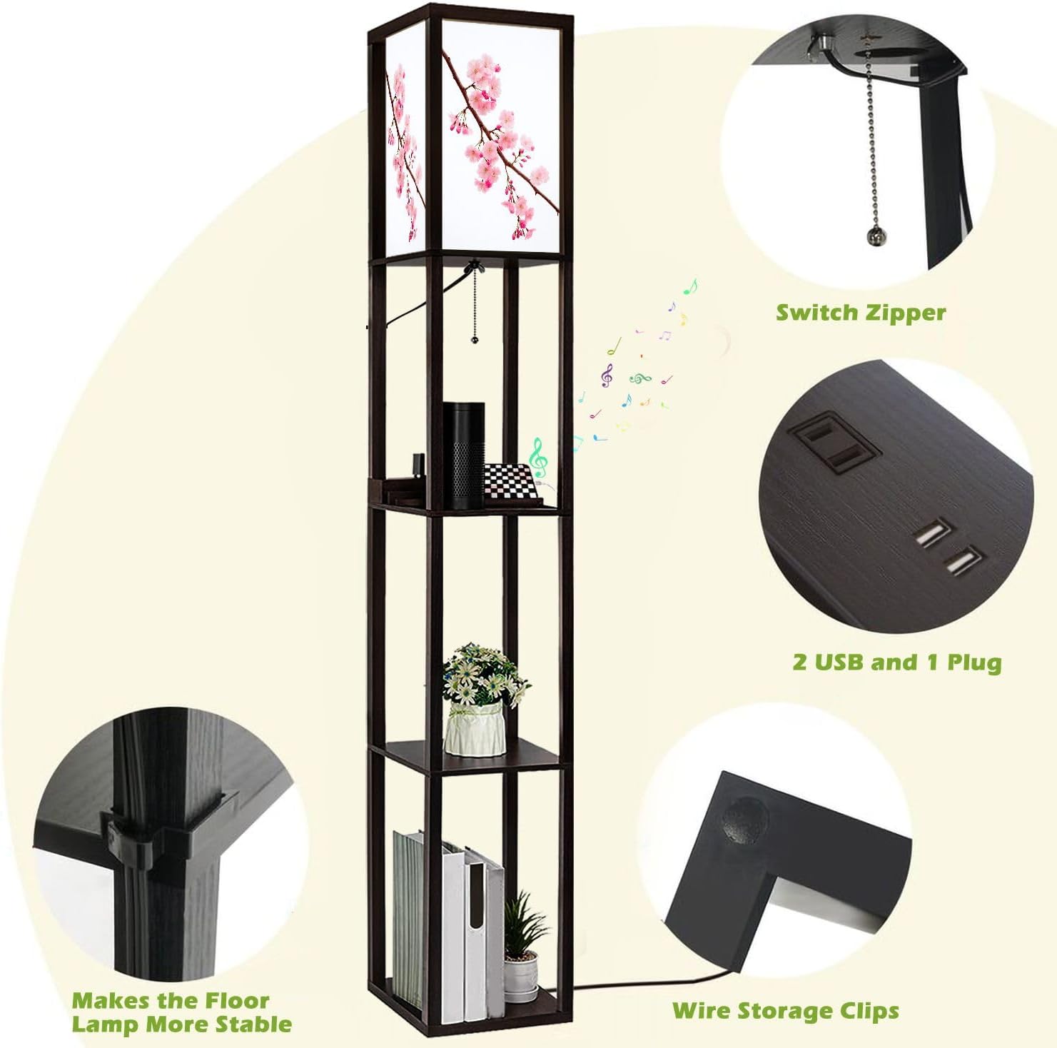 Floor Lamp with Shelves Pink Cherry Blossoms White Standing Tall Lamp USB Ports & Power Outlet Modern Corner Lamp Nightstand Light for Living Room Bedroom