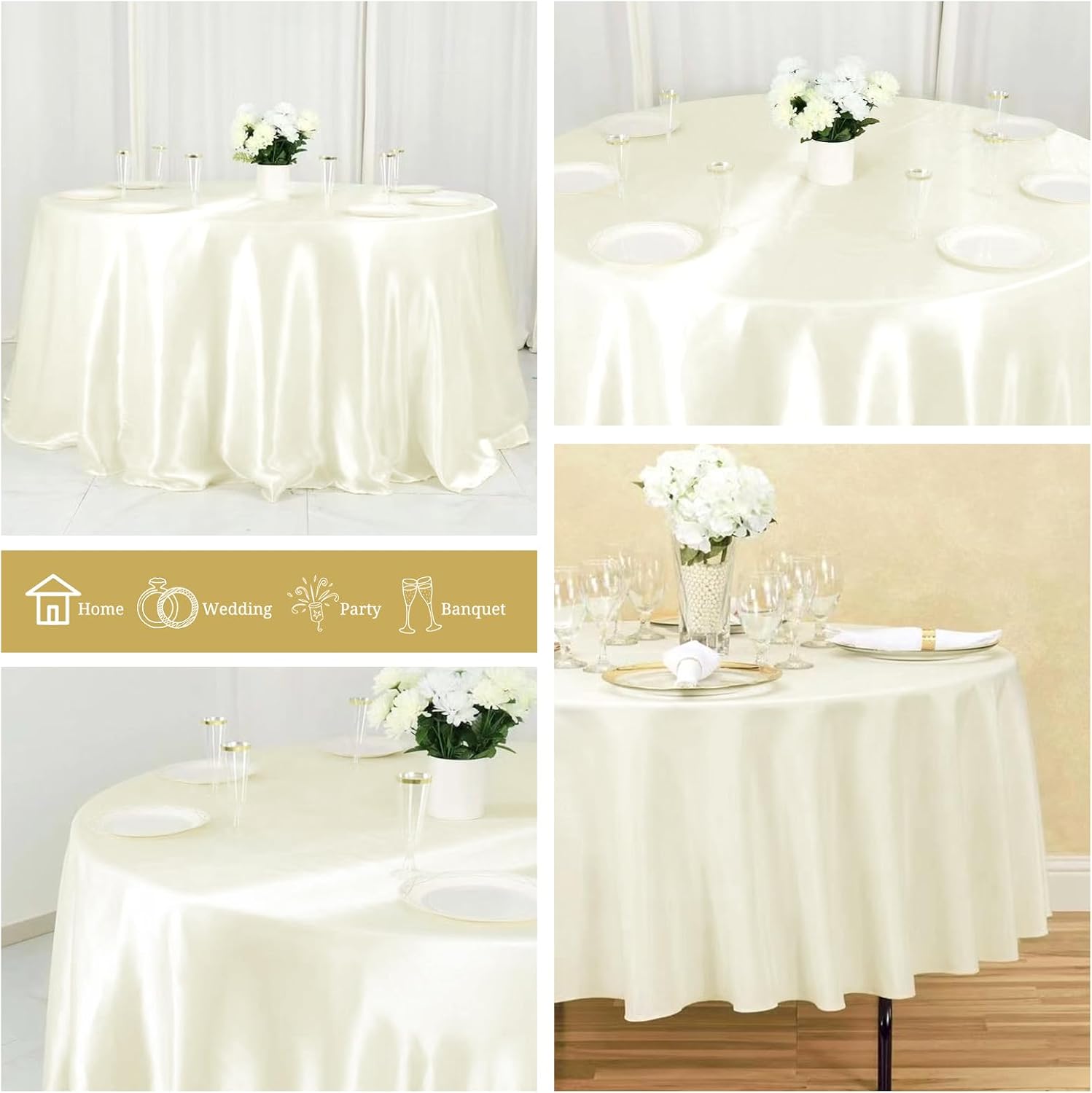 Pesonlook 12 Pack Ivory Round Tablecloth, 120 Inch Satin Fabric Table Cloth for Round Table, Wrinkle Resistant Washable Table Cover Bright Silk Table Clothes for Wedding Party Dining Table Banquet