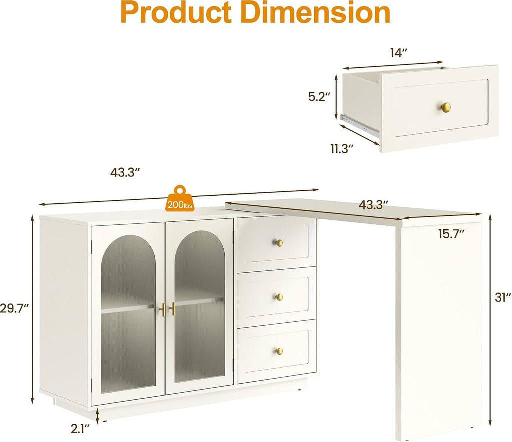 RoyalCraft L-Shaped Computer Desk with 3 Drawers, Extendable and Rotatable Corner Desk with Cabinet, Modern Study Table Writing Desk with Adjustable Shelves for Bedroom, Home Office (83')