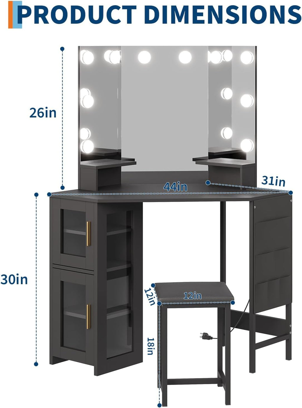 IDEALHOUSE Corner Vanity Desk with 3-Fold Mirror & Dimmable LED Lights, Charging Station, Acrylic Door Cabinet, Hanging Organizer, Adjustable Shelf, Stool – Modern Bedroom Makeup Table, Black, Bulb