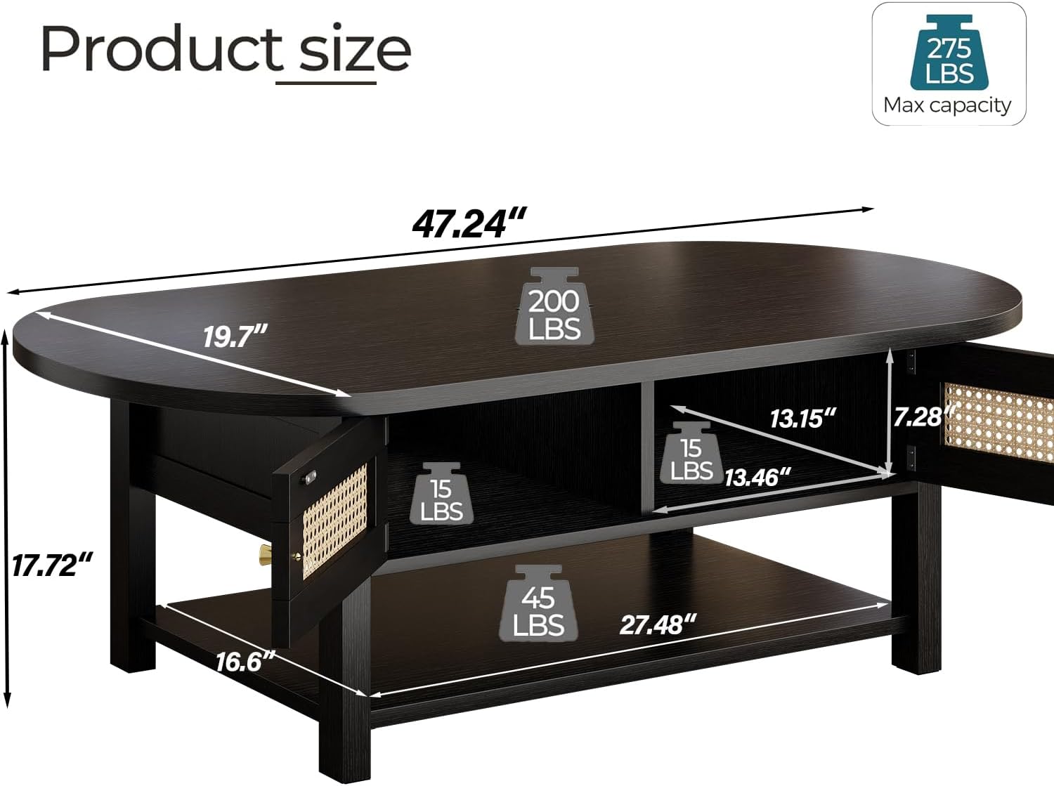 LVB Rattan Coffee Table, Boho Wood Living Room Table with Storage, Oval Modern 2-Tier Cocktail Tea Table with Doors & Open Shelf, Farmhouse Vintage Center Tables for Bedroom Office, Black Oak, 47In