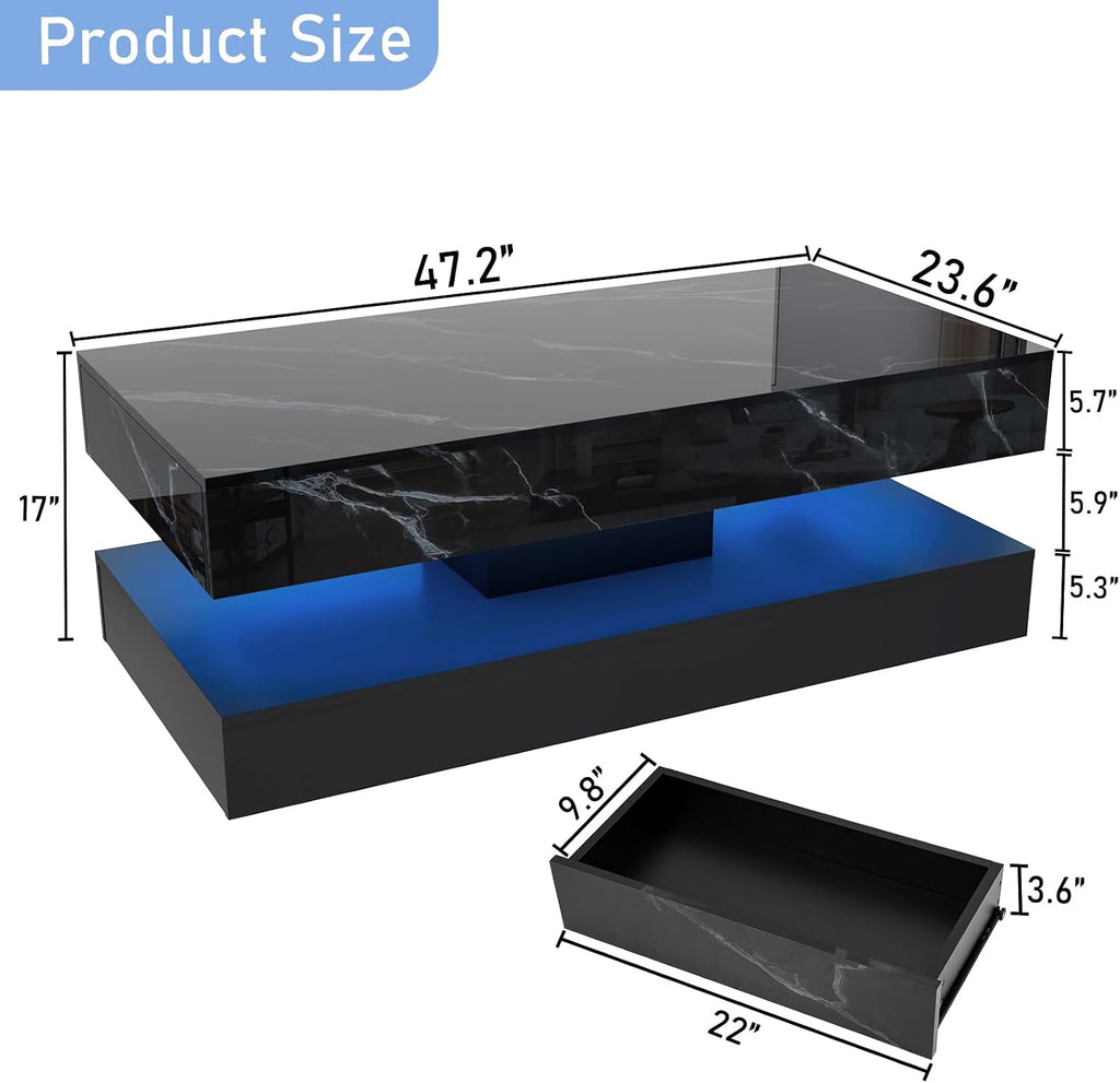 chartustriable 47.2' Large High-Glossy LED Coffee Table with 2 Sliding Drawers, Living Room Storage Coffee Tables with Marbling Print, Modern Stylish Double-Layer Center Tables w/LED Lights, Black