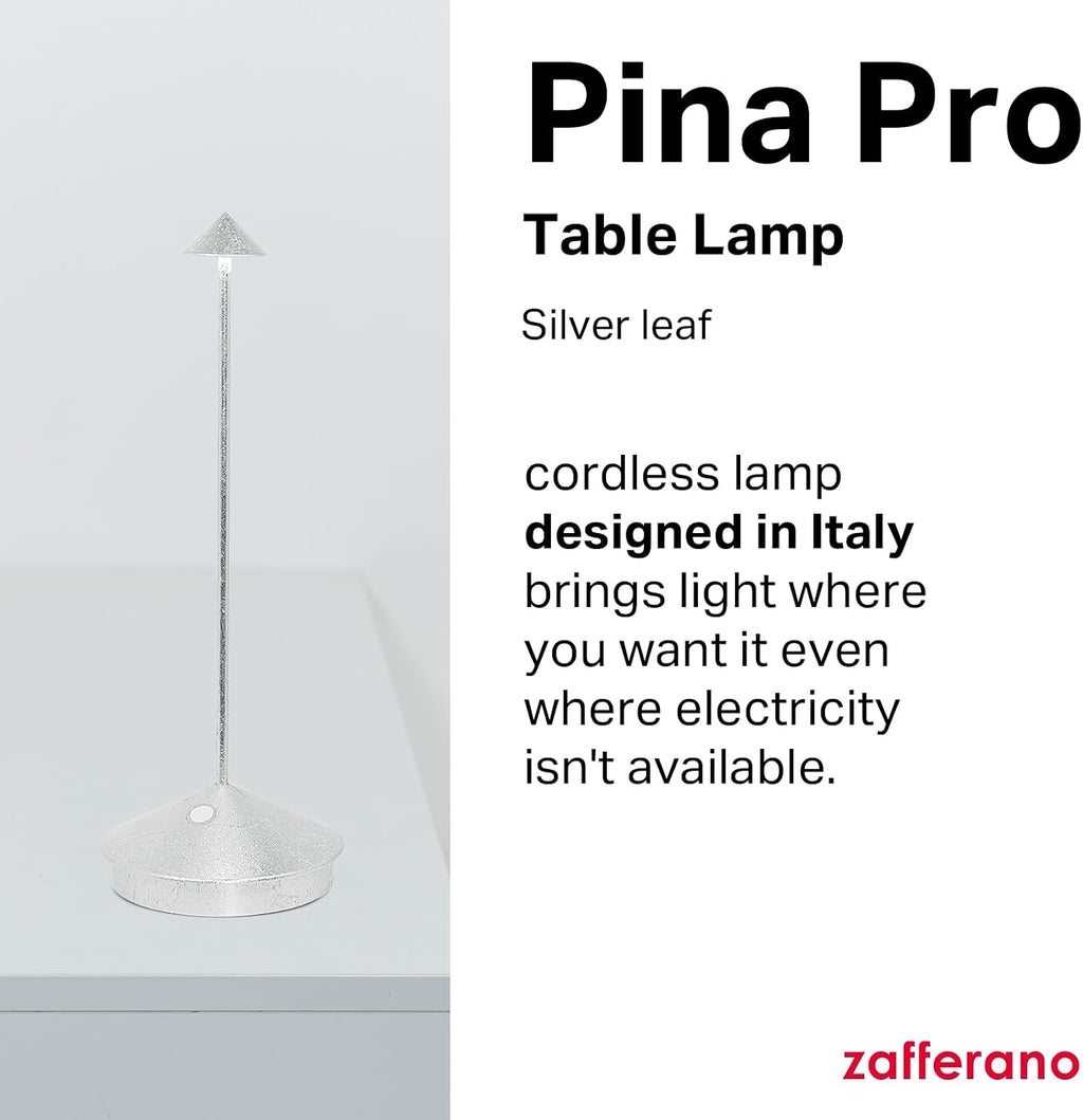 Zafferano, Pina Pro Lamp with Silver Leaf, Rechargeable Cordless Table Lamp with Touch Controls, Usable as an Indoor Lamp, Dimmer, 2200-3000 K, Height 11.4 Inches
