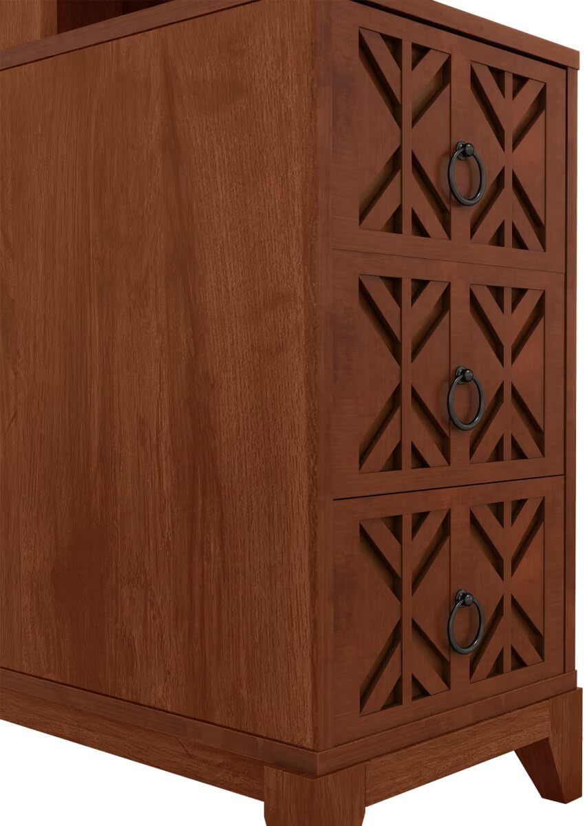 JIJIWANG 23.6' L End Table with 3 Drawers, Corner Table with 2 Open Shelves, Tall Side Table for Bedroom and Corner, Walnut,Expect Arrival Date, Natural