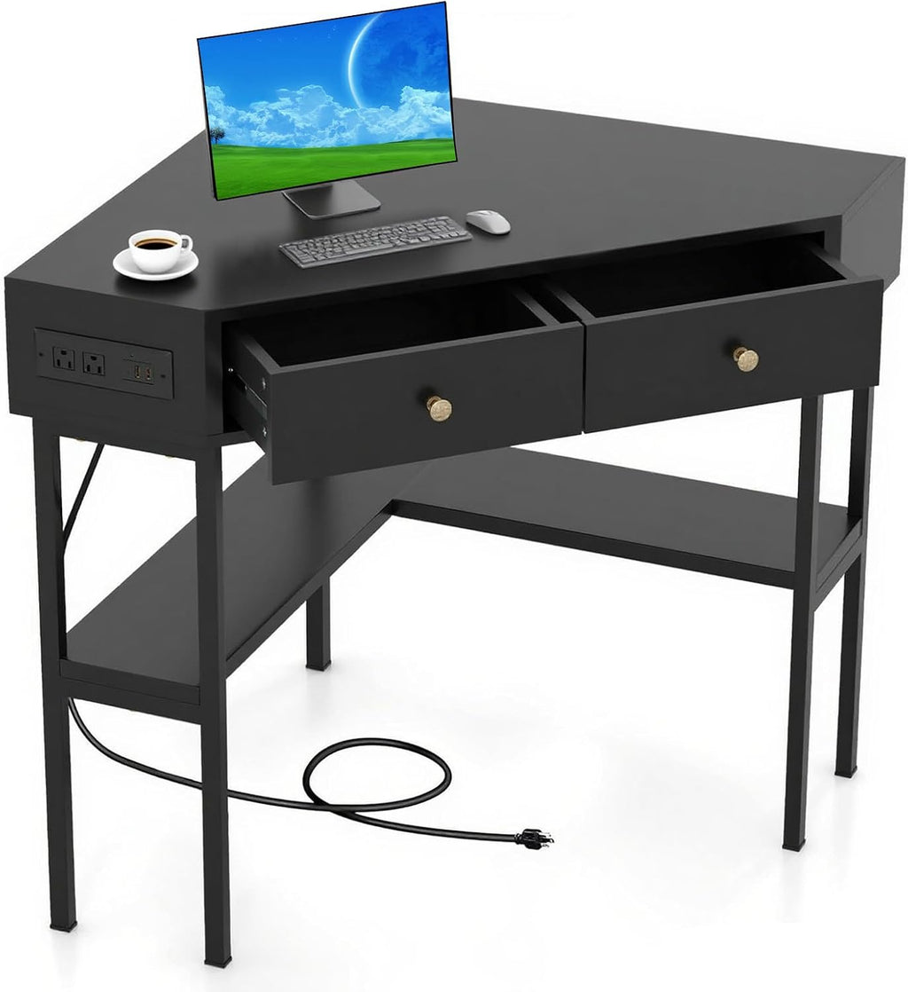 POWERSTONE Corner Desk with Charging Station & 2 Drawers, Space-Saving Makeup Vanity Triangle Computer Desk Workstation with Storage Shelves for Bedroom, Study Black