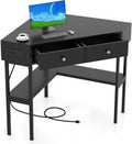 POWERSTONE Corner Desk with Charging Station & 2 Drawers, Space-Saving Makeup Vanity Triangle Computer Desk Workstation with Storage Shelves for Bedroom, Study Black
