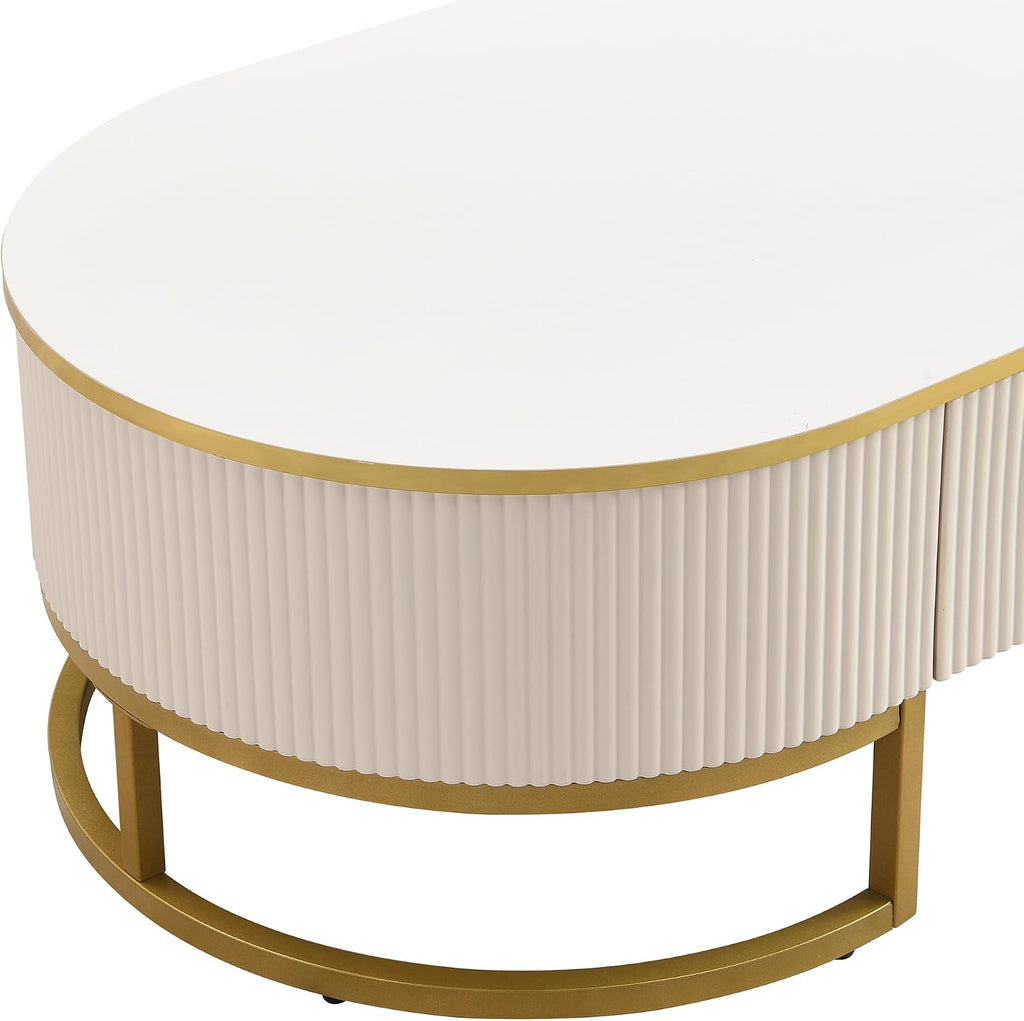 Modern Oval Coffee Table with Drawers,Curved Profile Design, Gold Metal Decor, Center Table for Living Room in 47.2'