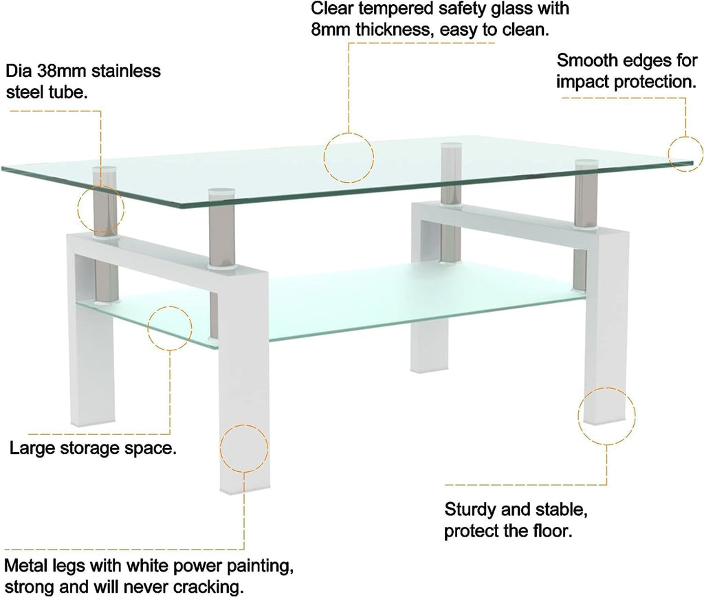 Living Room Tables Set,3 Piece Glass Coffee Table and End Tables Set for Living Room, Coffee Table Set with Tempered Glass Tabletop and Metal Frame for Apartment, Small Space, White