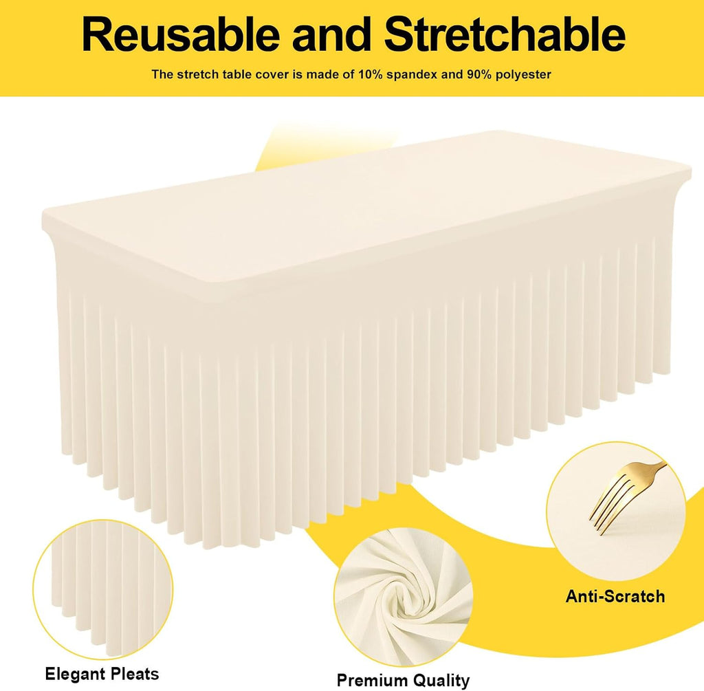 Smiry Spandex Tablecloth 6 Pack, Elastic Fitted Stretch Tablecloth for 8FT Rectangle Tables, Waterproof Washable Table Cover Skirt for Wedding, Banquet & Parties (Beige, 96Lx30Wx30H Inch)
