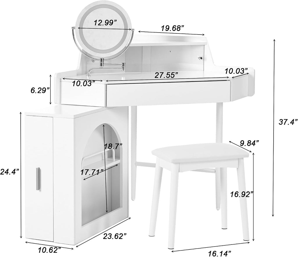 Corner Vanity Desk with Rotating Round LED Lighted Mirror, Modern Makeup Vanity with 2 Drawers & Stool for Bedroom, with Adjustable Cabinet Open Shelves Drawer for Women (White)