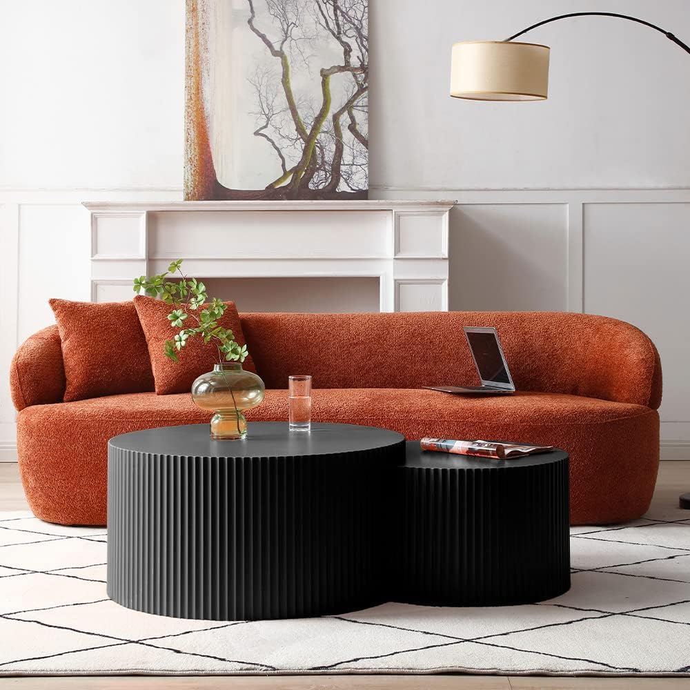 JUSTONE Nesting Coffee Table Set of 2, Modern Matte Black Round Drum Side Tables - Space-Saving End Tables for Living Room, Apartment, Bedroom (Black)