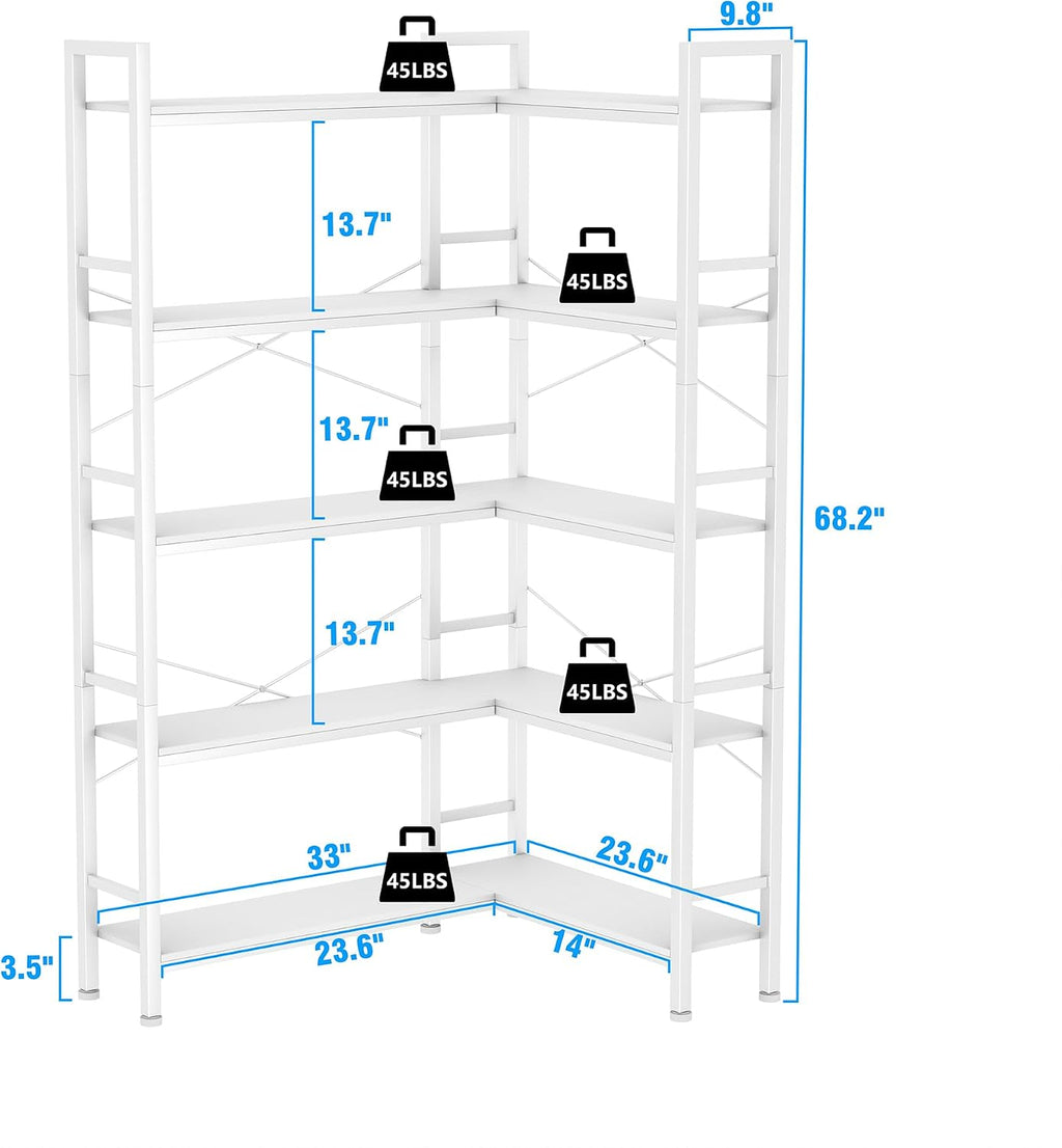 5-Shelf Corner Bookshelf, Large Open Shelf Bookcase,White Metal Frame, L-Shaped Storage Rack with Cross Braces for Living Room Home Office