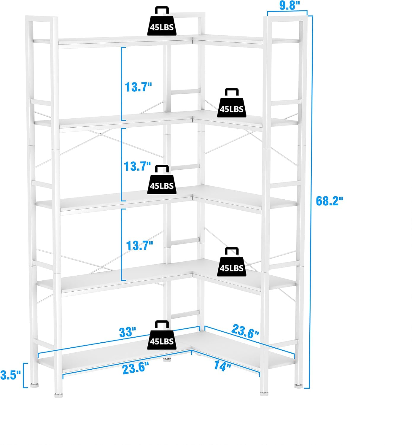 5-Shelf Corner Bookshelf, Large Open Shelf Bookcase,White Metal Frame, L-Shaped Storage Rack with Cross Braces for Living Room Home Office