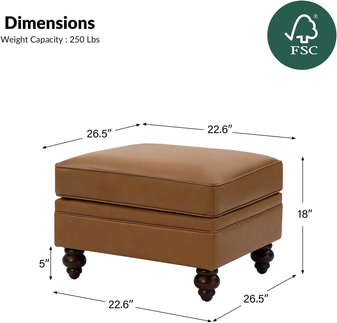 HULALA HOME Genuine Leather Ottoman Coffee Table, Ottoman Foot Rest for Living Room, Camel