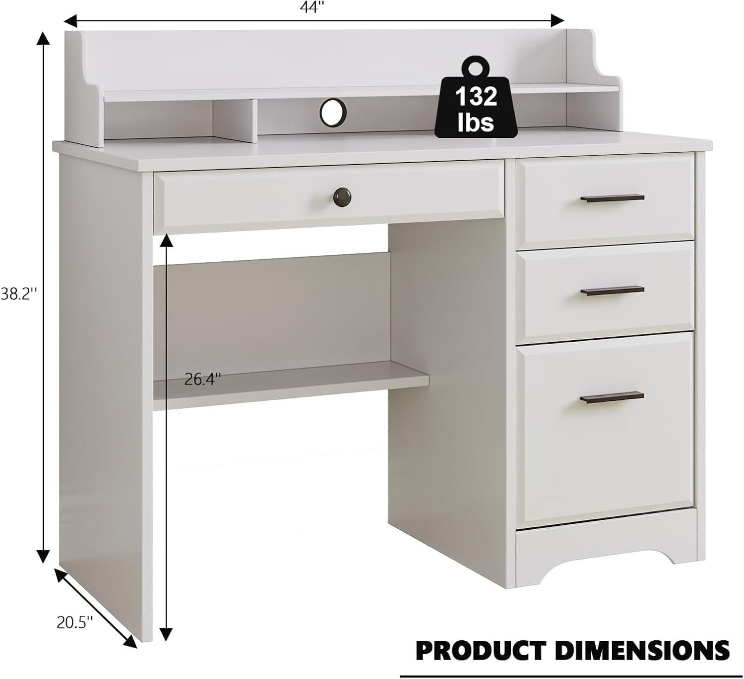 MaverickFurni White Desk with Drawers, Small Computer Desk with Drawers for Writing Study, Office Desk with File Drawer and Monitor Stand for Bedroom, Small Spaces
