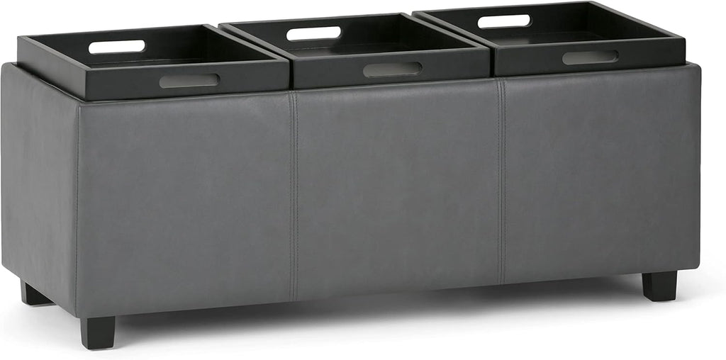 SIMPLIHOME Avalon Storage Ottoman - 42 inch Wide Upholstered Vegan Leather Rectangular Flip-Top Ottoman in Stone Grey, Contemporary Coffee Table Ottoman for Living Room with Hidden Storage