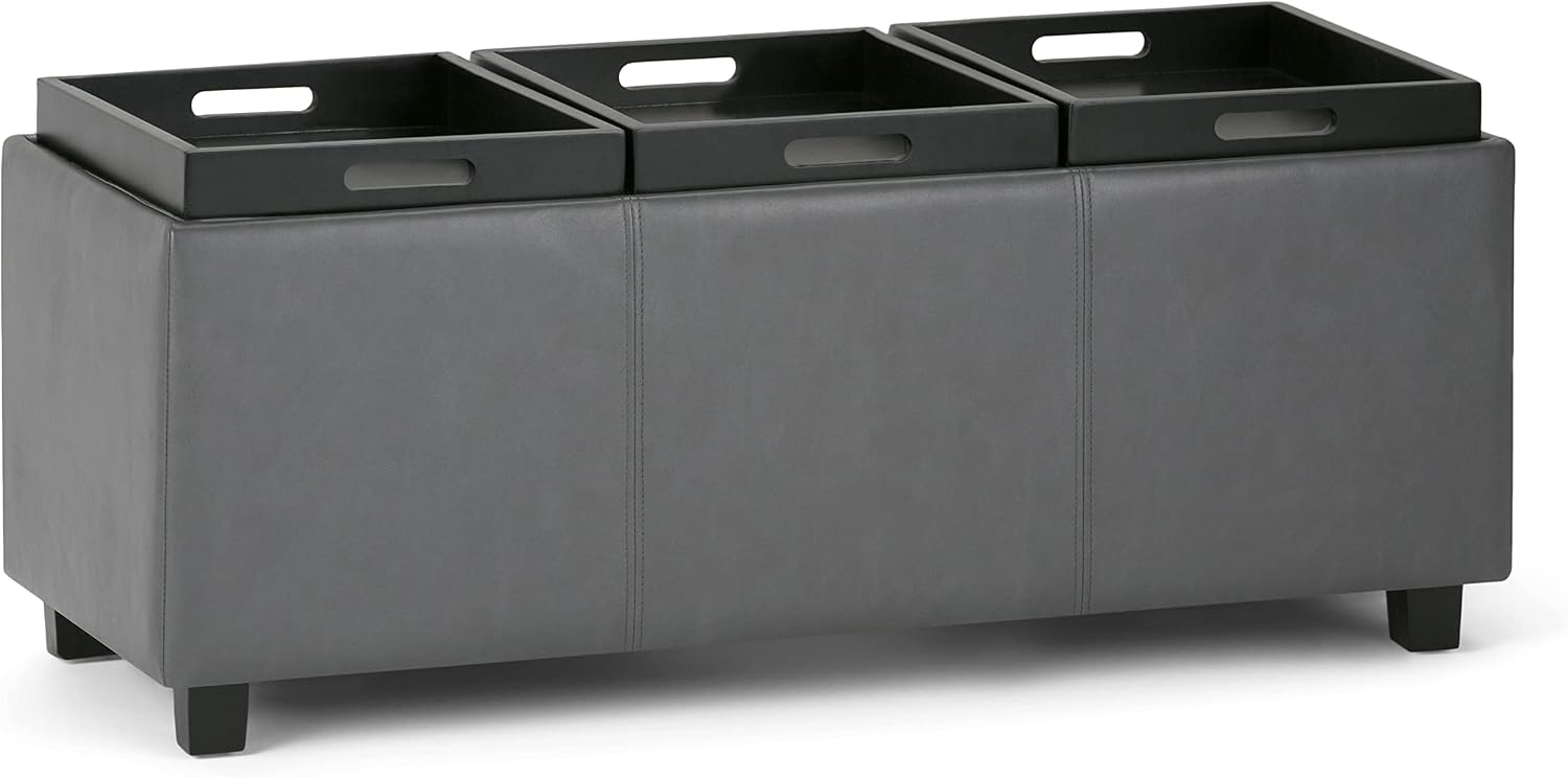 SIMPLIHOME Avalon Storage Ottoman - 42 inch Wide Upholstered Vegan Leather Rectangular Flip-Top Ottoman in Stone Grey, Contemporary Coffee Table Ottoman for Living Room with Hidden Storage