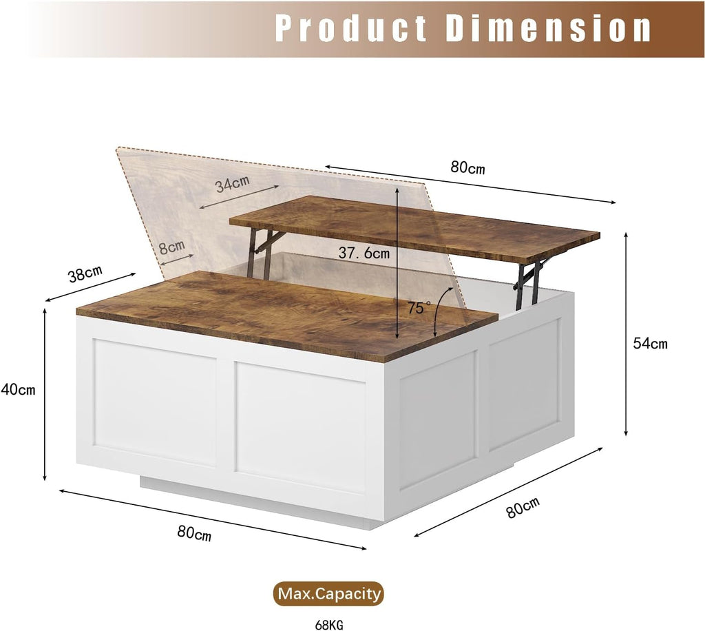 Lift Top Coffee Table with Storage, 31.5' Square White Coffee Table with Large Hidden Storage, Wood Living Room Table Center Table for Living Room Dining Reception Room
