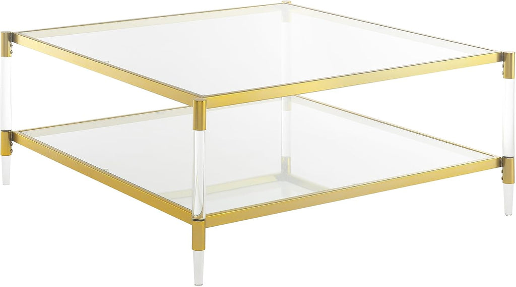 Convenience Concepts Royal Crest Acrylic Glass Square Coffee Table 34' - Modern 2-Tier Tempered Glass Living Room Table with Storage Shelf, Gold Chrome Frame Table with Acrylic Legs, Gold