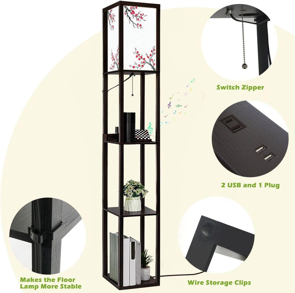 Floor Lamp with Shelves Oriental Cherry Tree Blossom n Rice Paper Standing Tall Lamp USB Ports & Power Outlet Modern Corner Lamp Nightstand Light for Living Room Bedroom