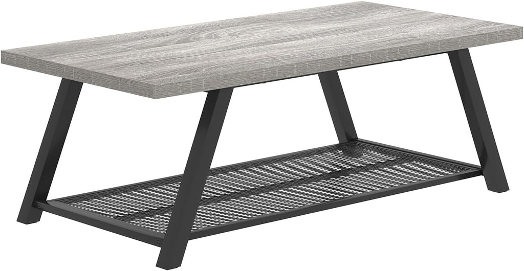 FOLUBAN Industrial Coffee Tables for Living Room with Storage, Rustic Wood and Metal Coffee Table, Modern Rectangle Center Cocktail Tea Table, Light Grey, 47 Inch