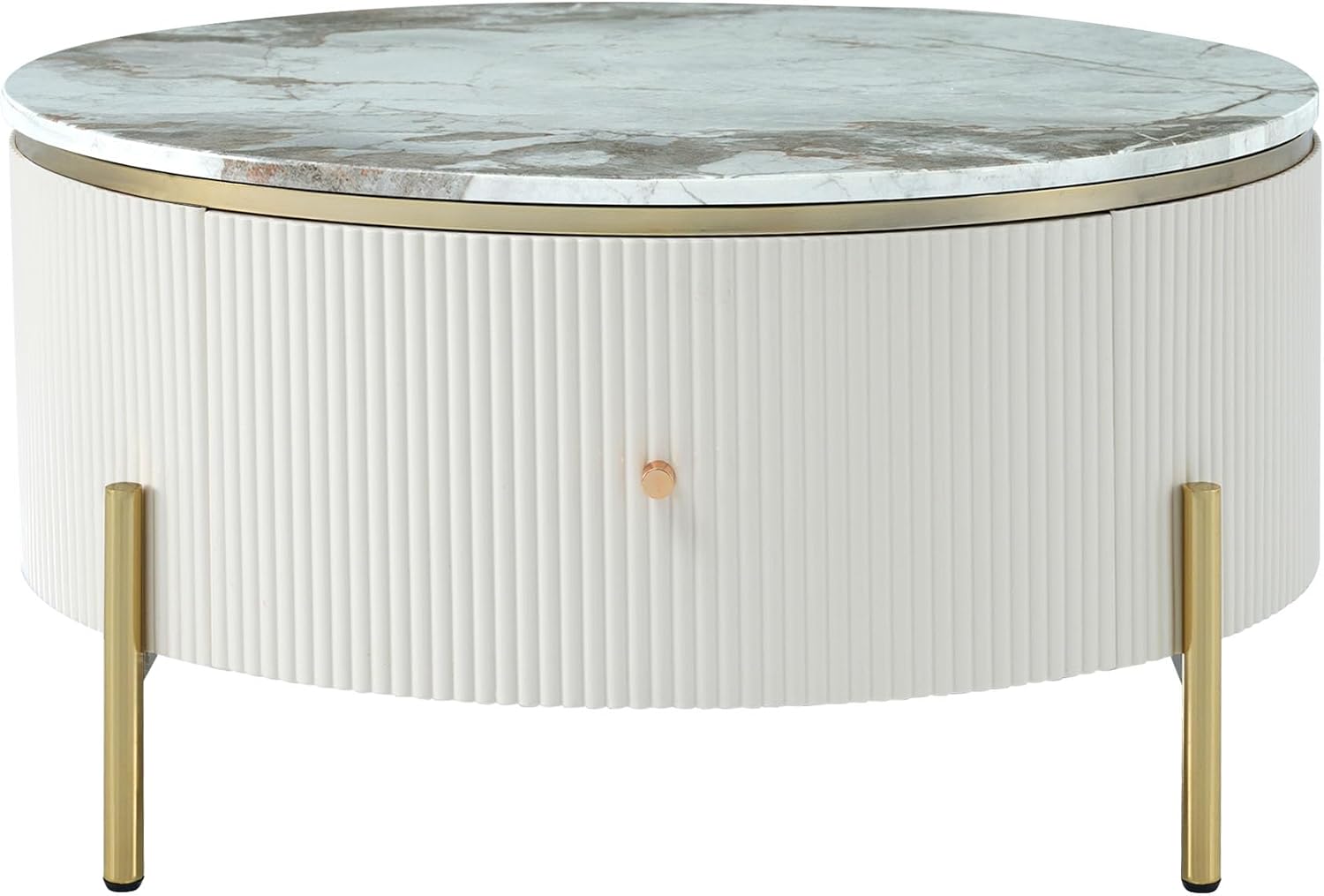 JUSTONE Modern Round White & Gold Coffee Table with Drawers,Drum Coffee Table with Golden Legs Circular Center Table with Marble Pattern Top for Living Room Apartment Office-White
