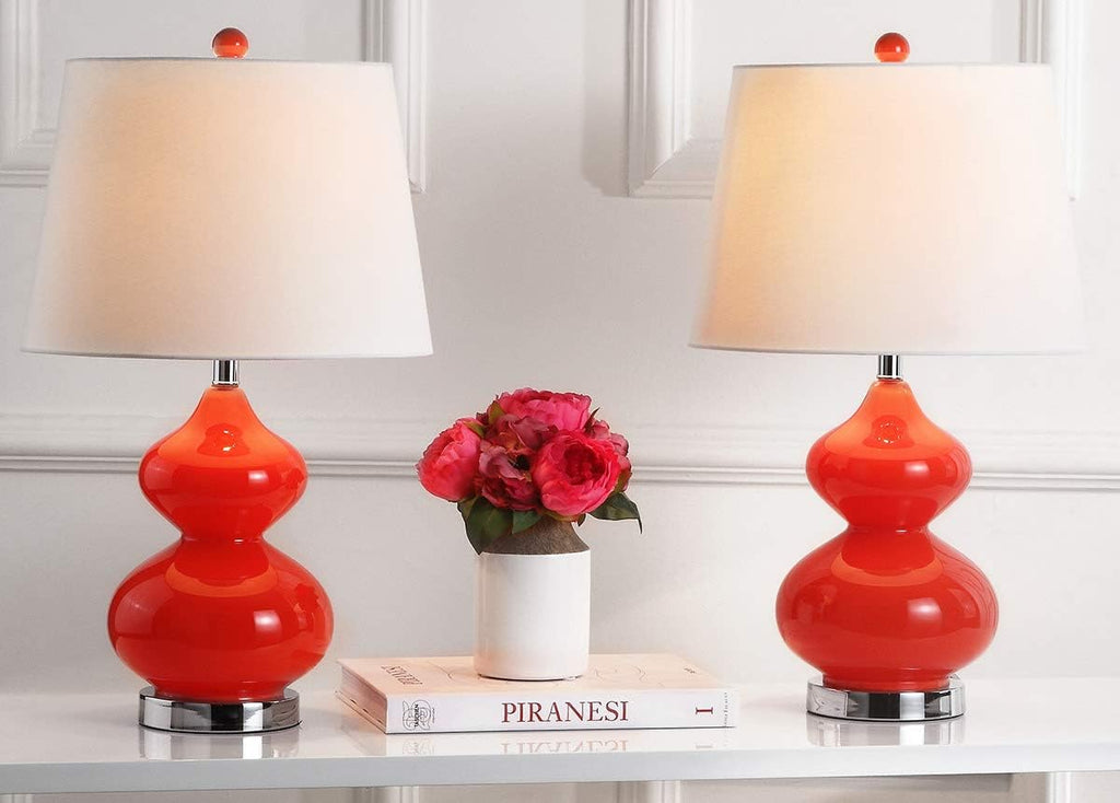 SAFAVIEH Lighting Collection Eva Modern Contemporary Blood Orange Double Gourd Glass 24-inch Bedroom Living Room Home Office Desk Nightstand Table Lamp Set of 2 (LED Bulbs Included)