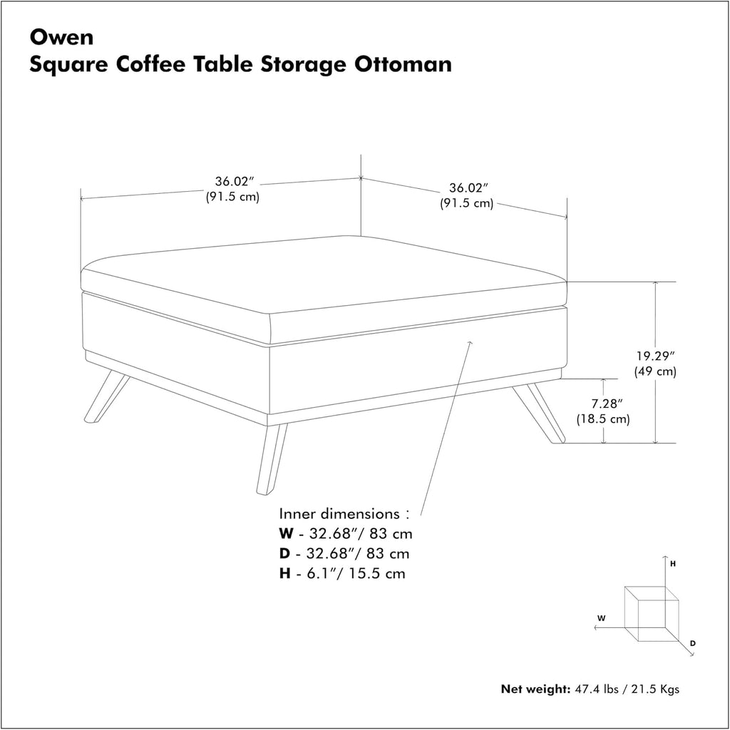 SIMPLIHOME Owen Square Coffee Table Storage Ottoman - 36 inch Wide Upholstered Vegan Leather Lift-Top Ottoman in Distressed Black, Mid-Century Modern Ottoman for Living Room with Tufted Detail