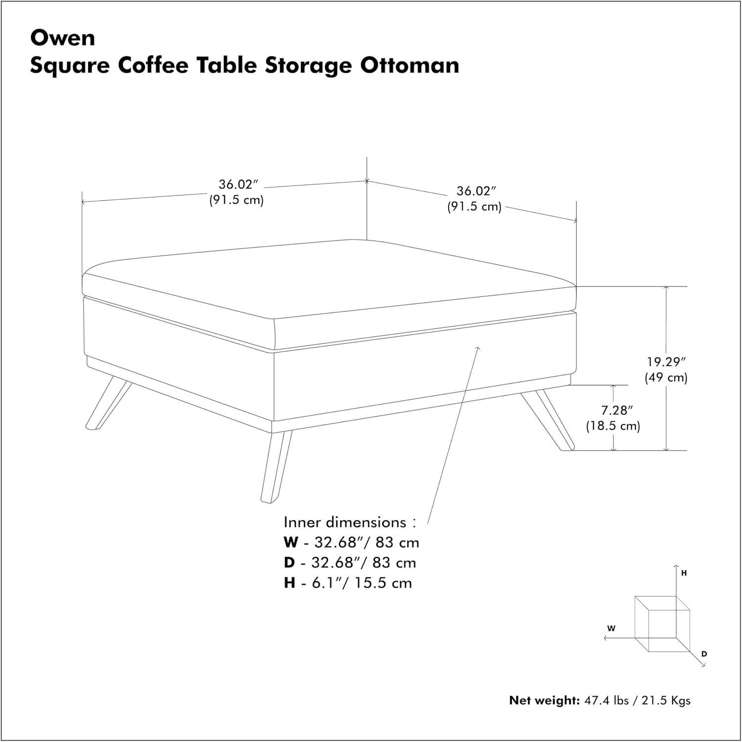 SIMPLIHOME Owen Square Coffee Table Storage Ottoman - 36 inch Wide Upholstered Vegan Leather Lift-Top Ottoman in Distressed Black, Mid-Century Modern Ottoman for Living Room with Tufted Detail