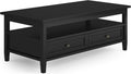 SIMPLIHOME Warm Shaker Coffee Table - 48 inch Wide Solid Wood Coffee Table in Black, Transitional Living Room Table with 2 Drawers, Open Shelf, Shaker Fronts and Tapered Legs