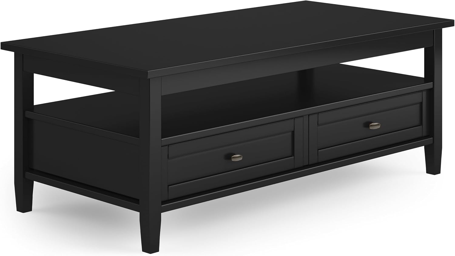 SIMPLIHOME Warm Shaker Coffee Table - 48 inch Wide Solid Wood Coffee Table in Black, Transitional Living Room Table with 2 Drawers, Open Shelf, Shaker Fronts and Tapered Legs