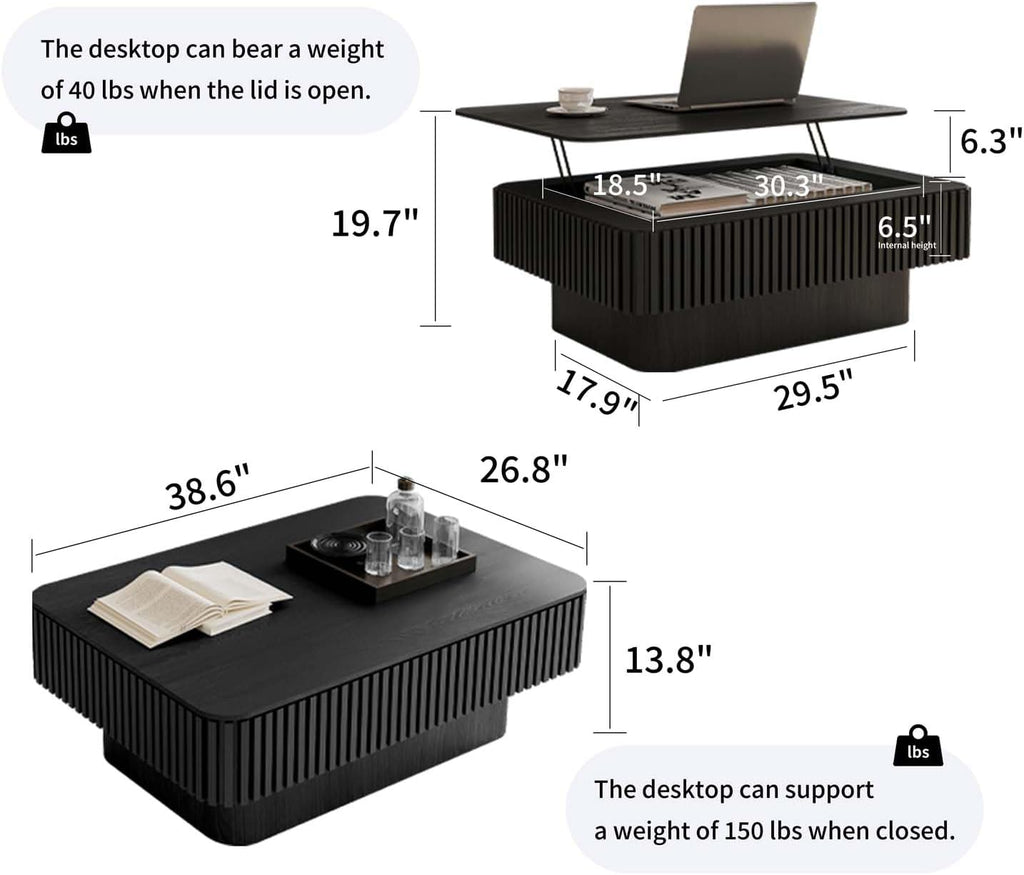 Lift Top Coffee Table with Storage, Solid Wood Coffee Table with Adjustable Height, Fluted Center Table Accent Tea Table for Living Room, Apartment, Office (38.6' Black)