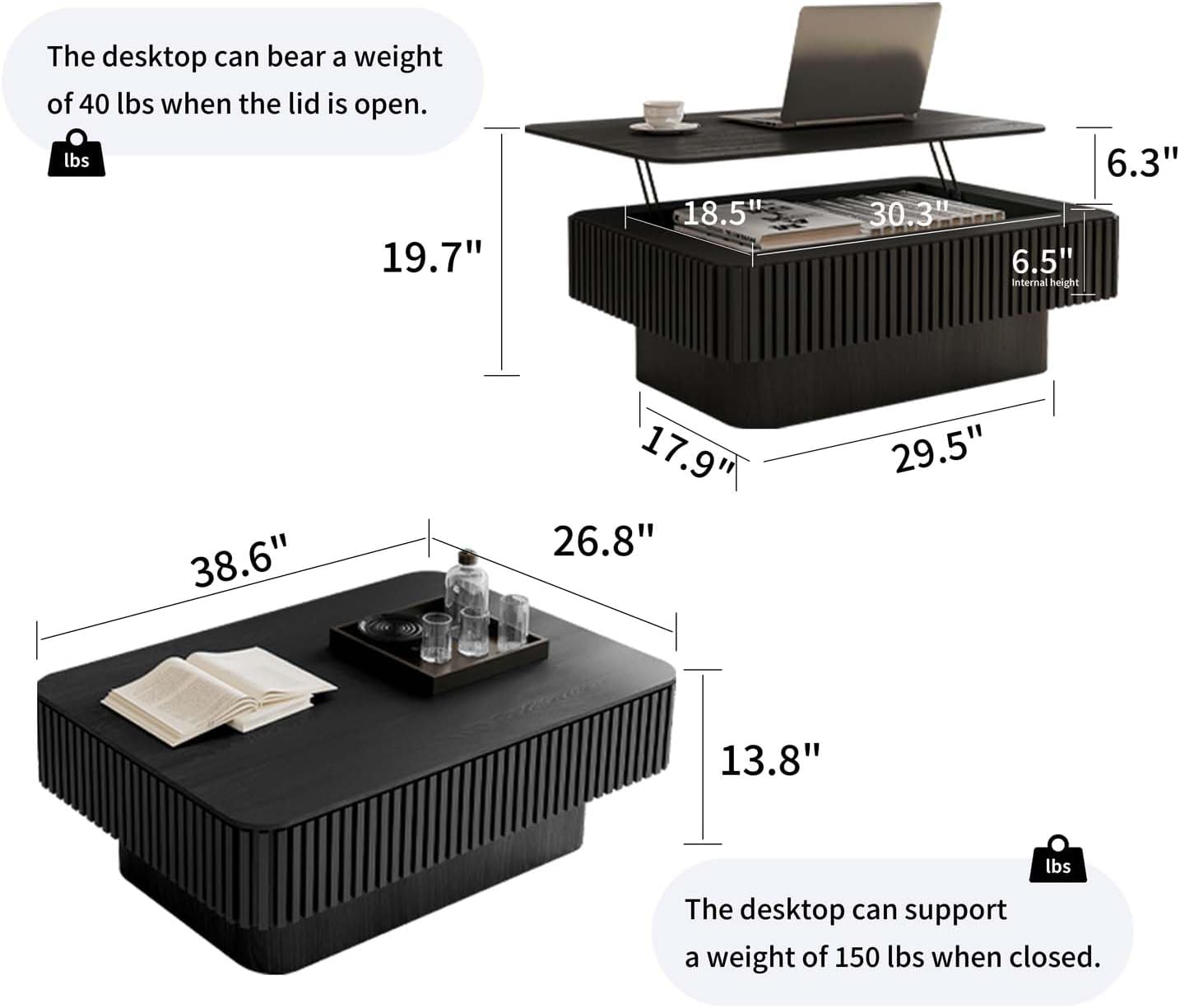 Lift Top Coffee Table with Storage, Solid Wood Coffee Table with Adjustable Height, Fluted Center Table Accent Tea Table for Living Room, Apartment, Office (38.6' Black)