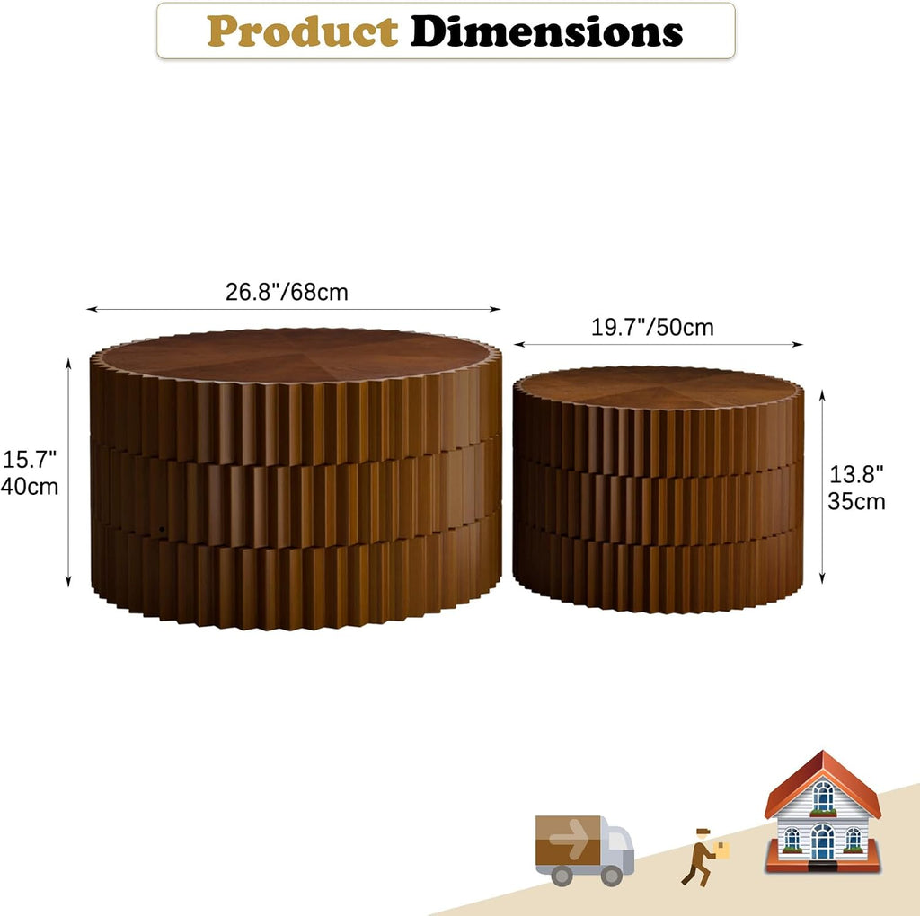 Round Nesting Coffee Table Set of 2 Fluted Coffee Tables Modern Drum Side End Table Wooden Circle Accent Side Table for Living Room Bedroom Balcony, No Assembly (Walnut 26.8'+19.7')