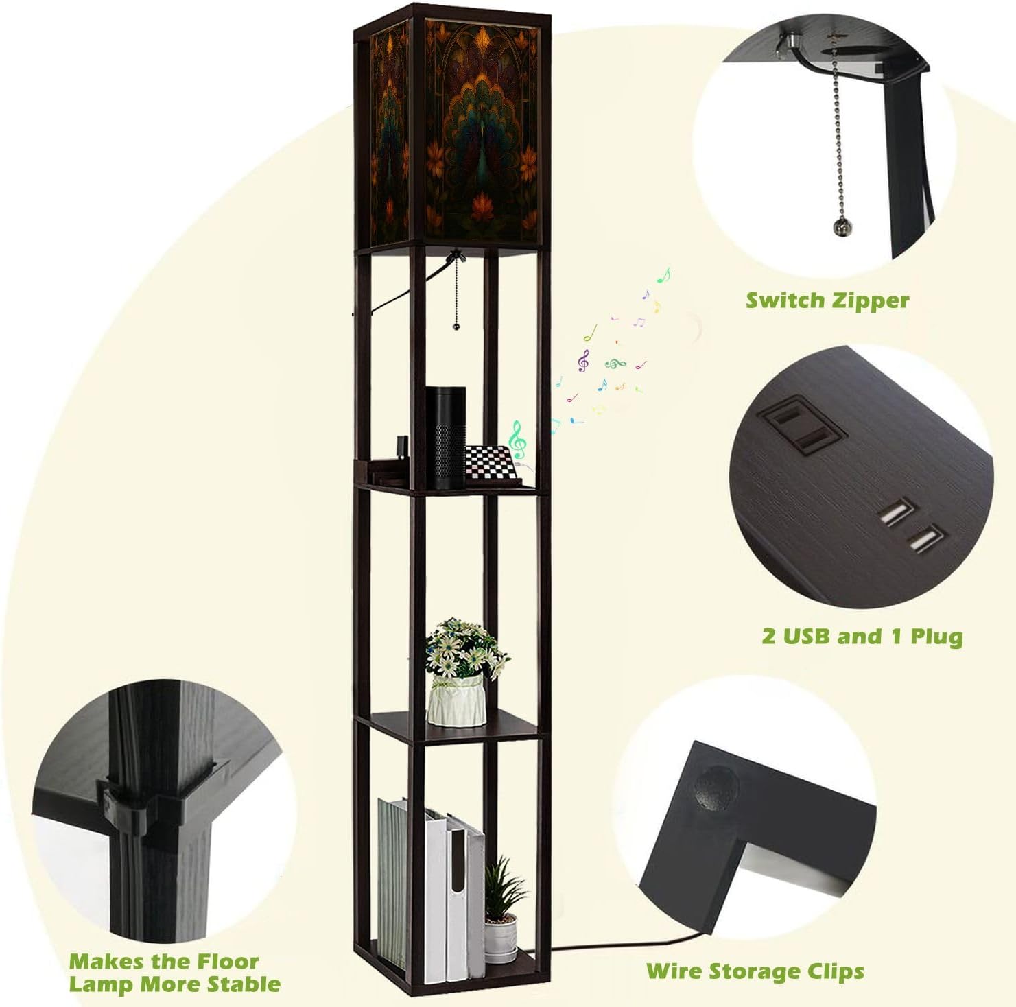 Floor Lamp with Shelves Asymmetrical Peacock Stained Glass Art Geometric Feather Design Standing Tall Lamp USB Ports & Power Outlet Modern Corner Lamp Nightstand Light for Living Room Bedroom