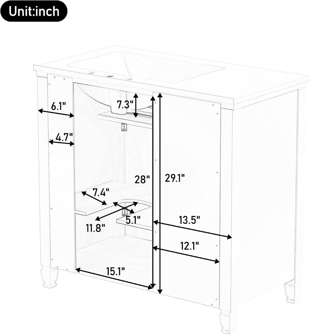 36' Bathroom Vanity with Ceramic Sink Set Combo, Tip-Out Drawer, Storage Cabinet Organizer with 2 Doors and Adjustable Shelf, Gray Blue