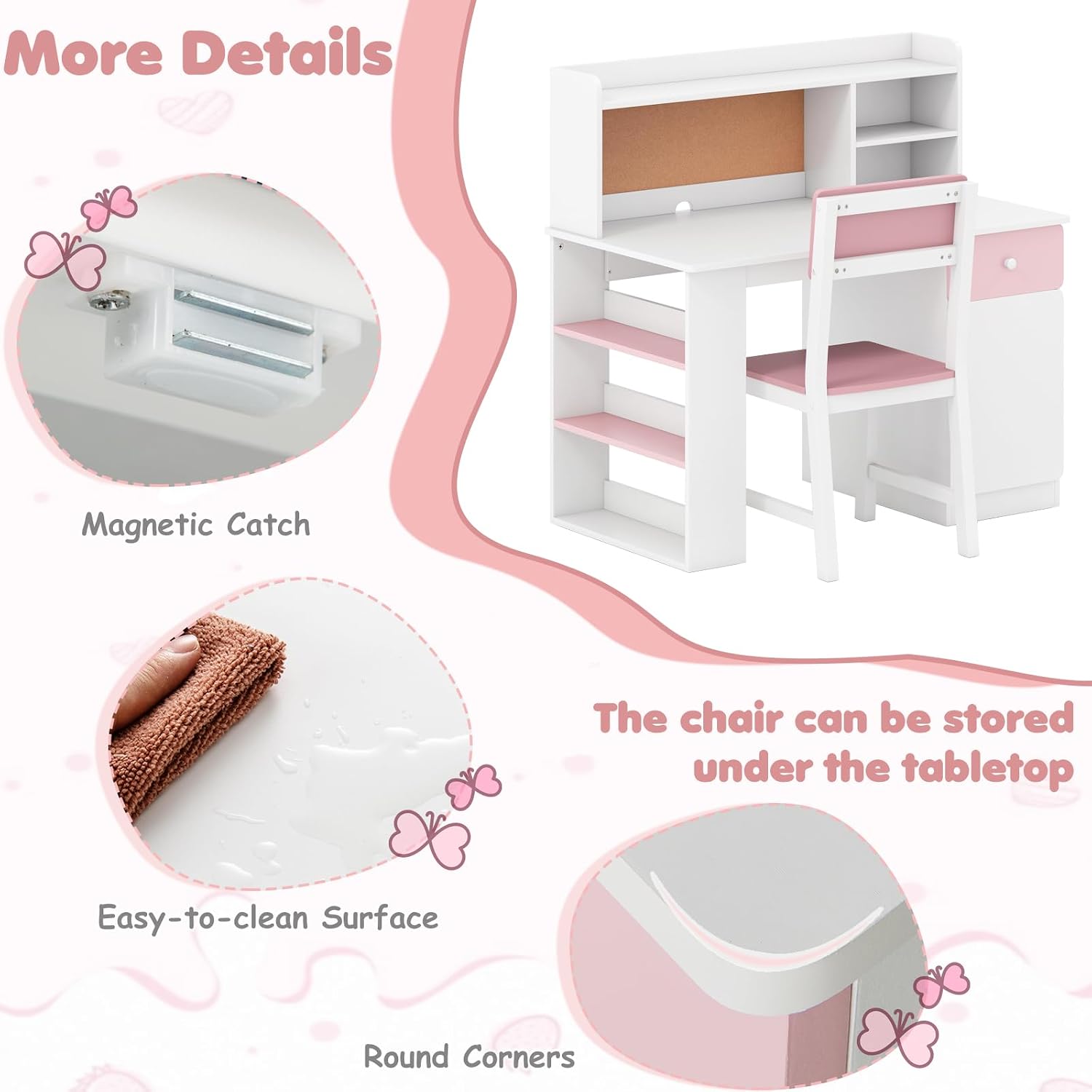 HONEY JOY Kids Desk and Chair Set, Large Wooden Children School Study Table and Chair w/Drawer, Hutch, Storage Shelves, Student Writing Desk Computer Workstation for Bedroom, 7+ Years Old (Pink)