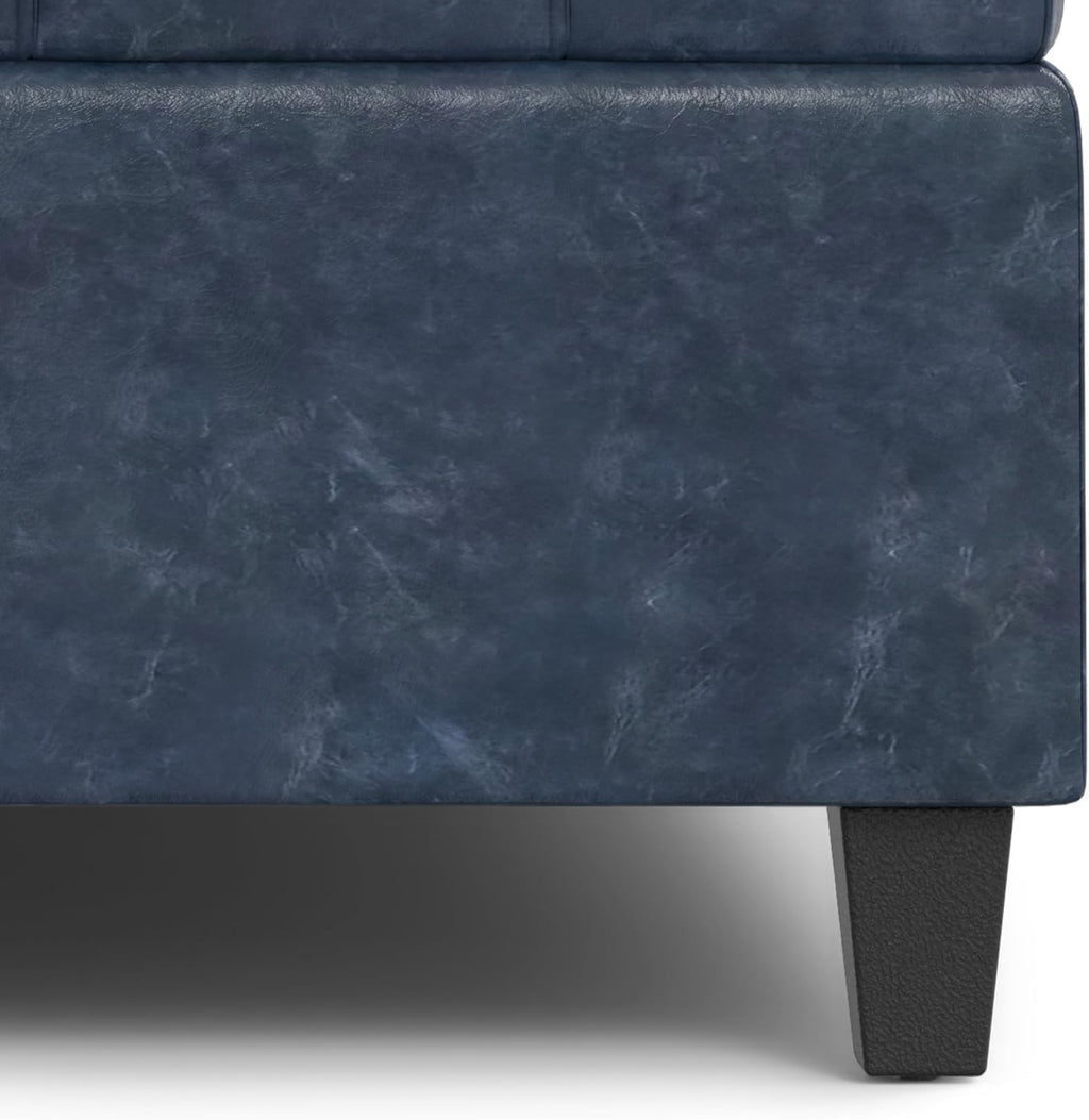 SIMPLIHOME Harrison Large Coffee Table Storage Ottoman - 40 inch Wide Upholstered Vegan Leather Square Lift-Top Ottoman in Denim Blue, Transitional Bench for Living Room with Sturdy Base