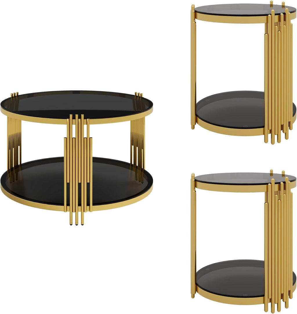Merax Round Table Set of 3, with 1 Coffee Table & 2 End Tables, Black Mirror, Asymmetrical Metal, Gold Finish & Lower Shelf, for Living Room Apartment, Black