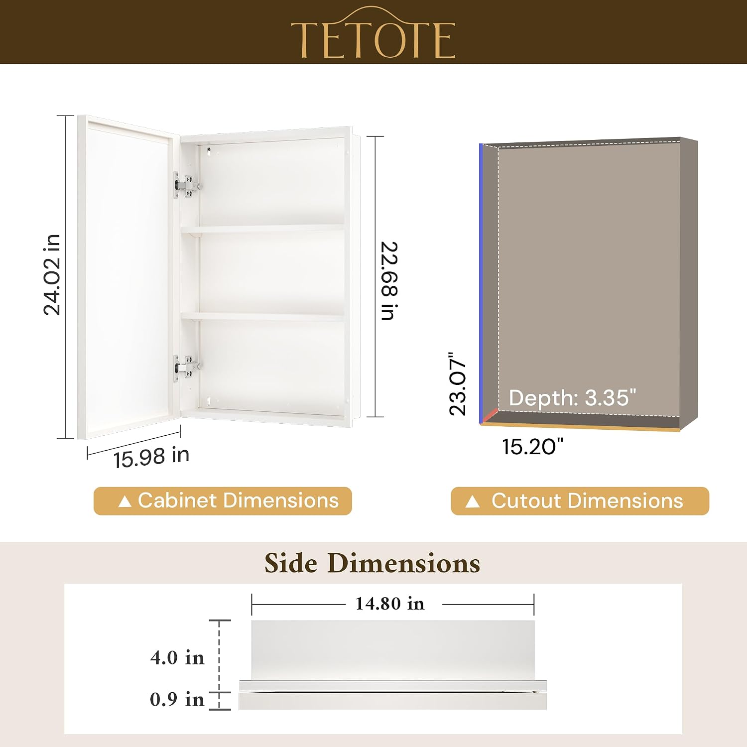 TETOTE 16' x 24' Medicine Cabinets for Bathroom with Tempered Mirror Recessed Medicine Cabinet with Aluminum Beveled Frame, Stepless Adjustable Shelves, DTC Hinge