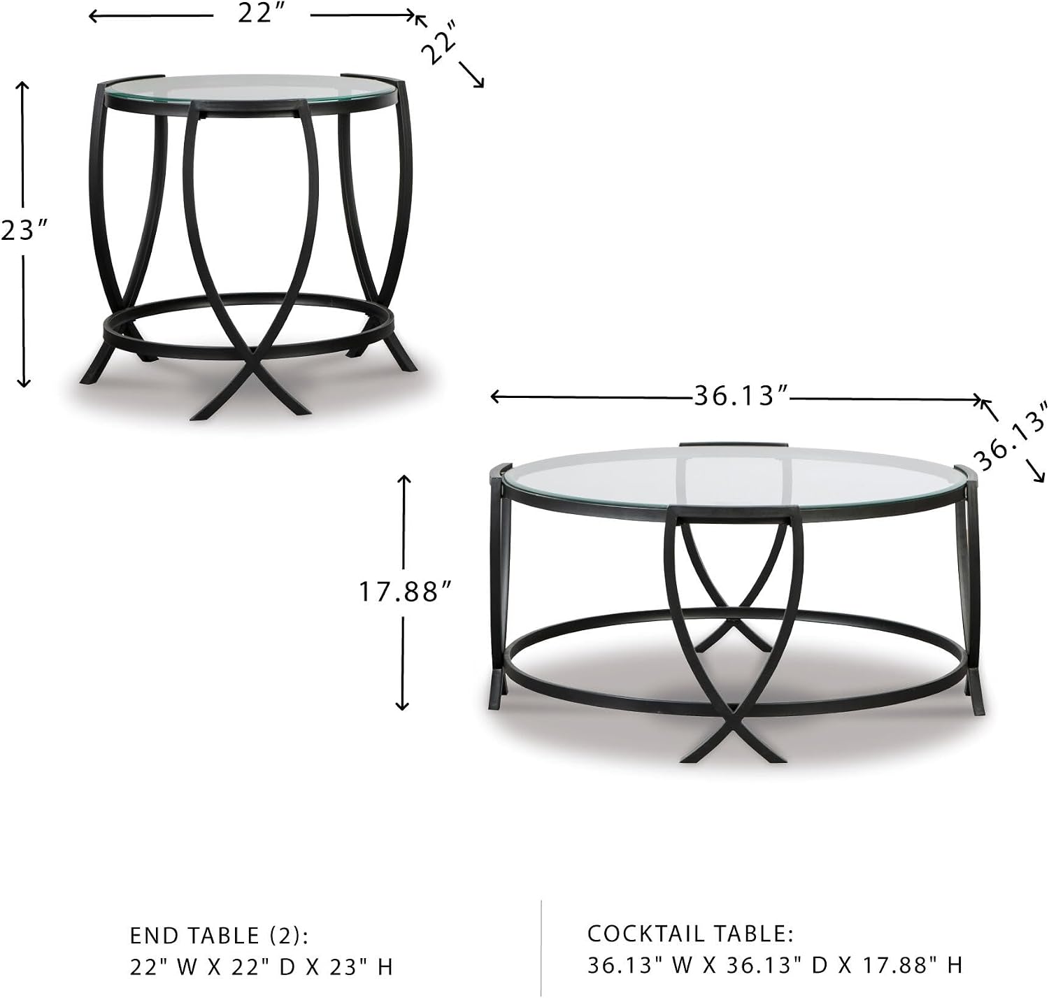 Signature Design by Ashley Tarrin Contemporary Glass Top Round 3-Piece Table Set, Includes Coffee Table and 2 End Tables, Black