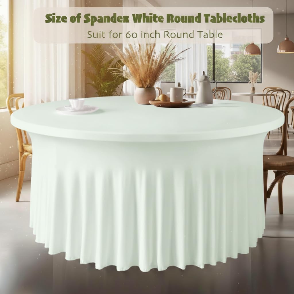 WJWHQ 10 Pack Ivory Green Round Spandex Tablecloths for 60in Tables, 120Inch Stretchy Fitted 5FT Round Table Clothes,Wrinkle Free Table Cover with Skirt for Wedding Party Dining Banquet