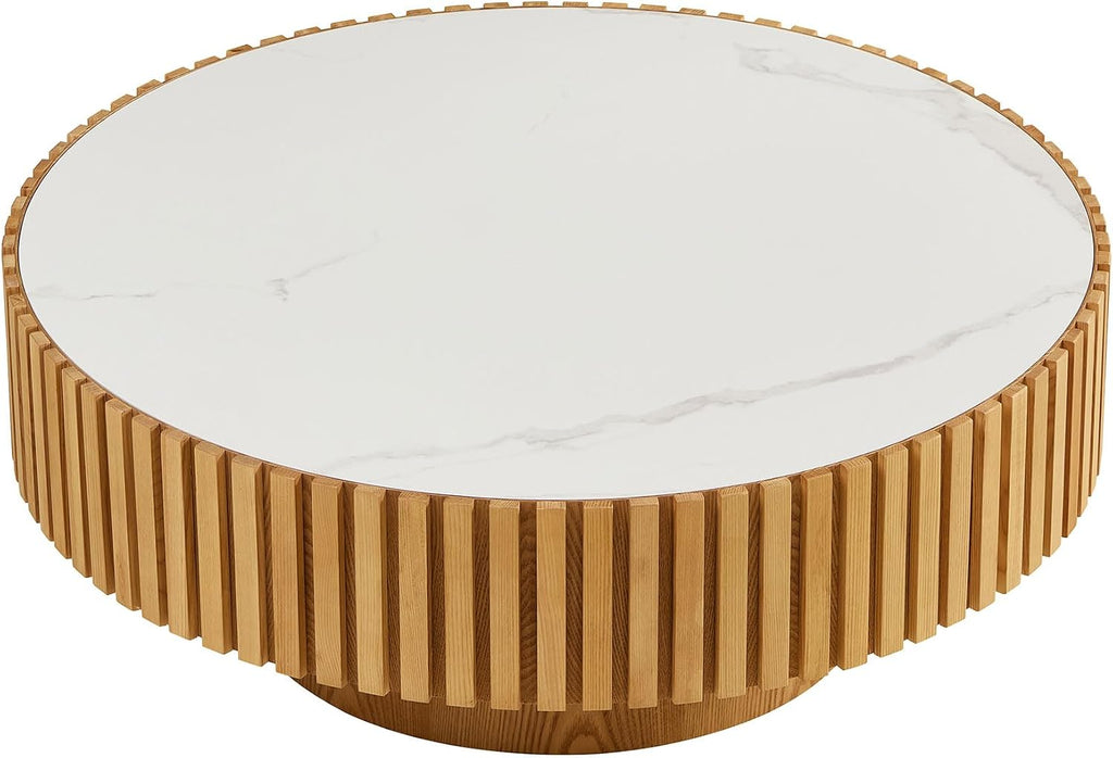 35.43'' Sintered Stone Round Coffee Table Modern Wood Coffee Table for Living Room, Contemporary Circle Fluted Drum Pedestal Stylee, Easy Assembly, Oak