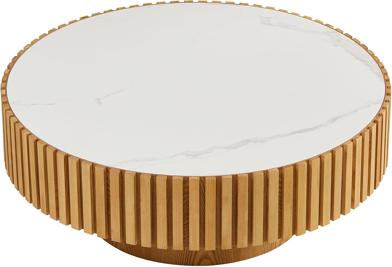 35.43'' Sintered Stone Round Coffee Table Modern Wood Coffee Table for Living Room, Contemporary Circle Fluted Drum Pedestal Stylee, Easy Assembly, Oak