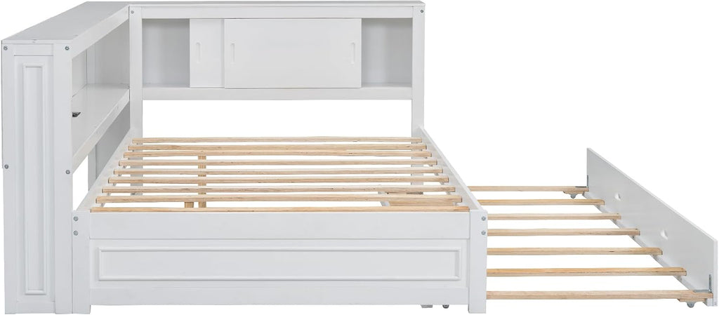 Full Size Daybed with Trundle,L-Shape Daybed with USB Charging Station & LED Light Strip for Kids Teens Adults,Wooden Corner Bed Frame with Storage Shelves & Slat Support for Bedroom,Guest Room,White
